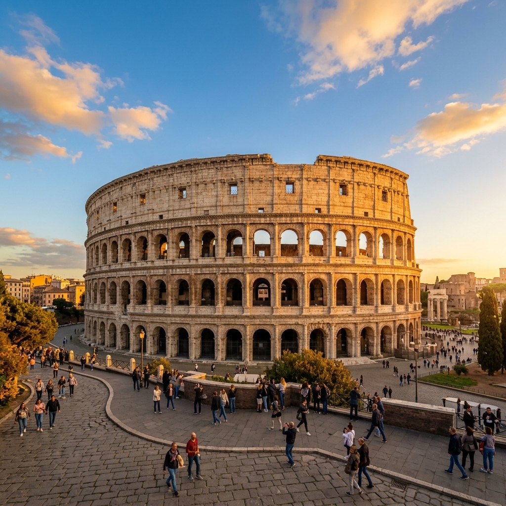 El Coliseo Romano al atardecer con luz dorada